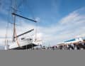 Duet in the crane: the 36 "Tarantella", the very first Swan ever built, in front of the new 50