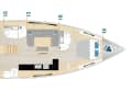 Standard layout: three cabins, two bathrooms, long galley at the side