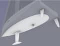 A powerful T-keel and two rudder blades are provided. The white-coloured area marks the wetted surface in a neutral floating position. This appears quite small