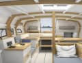 Aménagement intérieur adapté à la randonnée avec dinette, cuisine et navigation. Tout y est