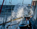 With the genoa turned in, the "African Queen" ploughs through the choppy North Sea, with spray occasionally coming over the surface.