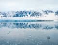 The 66-foot aluminium yacht "Qilak" in the ice field in front of the snow-covered mountains and one of the glaciers on the west coast of Spitsbergen
