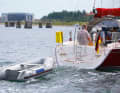 Wrong: The dinghy runs up the stern sea.  It may run straight ahead in a stable manner, but you will pay for this with very high towing resistance