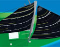 Why twisting is necessary: If the forestay sags, it moves aft and to leeward. This closes the leech of the jib and the air is pressed into the mainsail. Therefore, as can be seen in the simulation, the hoist point must be moved aft, so that the sail gets more twist, the gap to the mainsail is maintained and the air can flow out