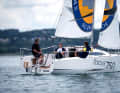 Sporty stance. Moderately high freeboard, pronounced chines, extendable bowsprit.
