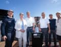 A look back at the SailGP debut in Sassnitz in 2025 (from left to right): Tim Krieglstein, Manuela Schwesig, Leon Kräusche, Russel Coutts, Thomas Riedel, Sebastian Vettel