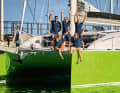 Gorm, 63 (centre), Maren, 56 (bottom right), and Lisa Gondesen, 34 (bottom left), with boat builder Steffen Müller, 54 (top left), and sailing friend Peter Siemsen, 64, on the "Nica"