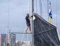 Final preparations on the mainsail of the Whitebread racer "CJ Legend".