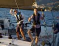 Unexpected European champions! Freya and Paul on their approach to Genoa.  They were the first of ten boats in the Figaro 3 fleet to cross the finish line.