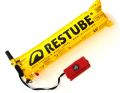 The rescue equipment is very small when packed. When inflated, one or more people can hold on to the Restube.