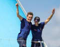 Francesca Clapcich and Will Harris celebrate second place in the Transat Café L'Or.