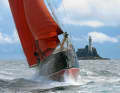 "Jolie Brise" has rounded the rock. The cutter wins the Fastnet Race three times over everything