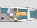Tourentauglich unter Deck. Zwei Doppelkabinen, dazu eine Nasszelle sowie Pantry und Navigation