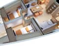 Rare arrangement: two symmetrically arranged double cabins in the foredeck, each with its own bathroom
