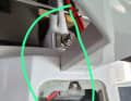 The two bolts marked in green are broken. They fix the uppermost part of the keel fin in a shaft made of solid laminate. The upper part of the bolts could be unscrewed from the thread.