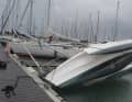 A trimaran was laid on its side
