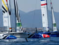 The Germany SailGP Team with helmsman Erik Heil in a duel with Team France