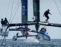 Artemis grinder Julius Hallstrom sails past the F50 – which is being pursued by the Germany SailGP Team – during training off Sassnitz.