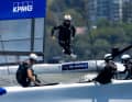 Helmsman Erik Heil and the Germany SailGP Team at the training race in Sydney Harbour