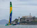Here, the German and Brazilian teams race past the notorious Alcatraz Island.