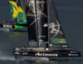 Two speeding F50-Foilers, two Australian helmsmen at the home match in Sydney: For the Swedish Team Artemis, 49er Olympic champion Nathan Outteridge is attacking, for Australia's Bonds Flying Roos it's Tom Slingsby.