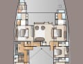 Mögliches Layout der FPY 110 inklusive Eignersuite zwischen den Rümpfen unterhalb des Salons. Der Eigner hat selbstverständlich eine Vialzahl an Optionen. Das Crewquartier wurde für sieben Personen ausgelegt.