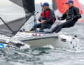 Helge and Christian Sach are in the lead of the F18 after day one, hoping that the wind will remain rather light.