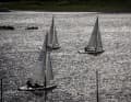 Platz 24: Michaela Meid, Köln: Auf dem Regattakurs kreuzen an einem Abend im September Boote der Dyas-Klasse durch die Woffelsbacher Bucht auf dem Rursee. Das Gegenlicht lässt das Wasser silbern schimmern, die drei Boote inmmitten der Reflexionen der Seeoberfläche verleihen der Aufnahme einen dynamischen Charakter.