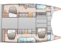 Three cabins and three bathrooms, open aft cabin, two entrances in the port hull.