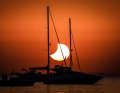The solar eclipse unfolds behind the masts of the sailing yachts.