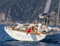 Vue sur la poupe du GS65 LC : large cockpit, drapeau italien et un agencement conçu pour une navigation confortable au long cours.