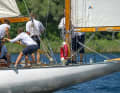 Coxswain Anita Opaczyk works hard to steer the steel 18-metre yawl "Prosit IV", flagship of the Berlin ASV since 1969, across the Wannsee with great concentration