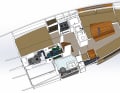 Two double cabins, a large wet room and a port locker on the starboard side that can be accessed from the inside. There are no alternatives to this layout.
