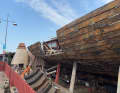 The wreck of Günther Plüschow's expedition ship "Feuerland" is sawn up in Flensburg's museum harbour