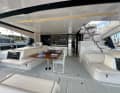 Well sheltered, with ample cover. The imposing bimini top completely covers the outdoor cockpit. The steps lead out to the helm and on to the flybridge.