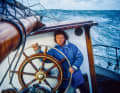 Bickhardt at the helm of the cargo ship "Undine", on which he sailed for six months many years ago. It was at that time that he first became interested in the subject of seasickness. His own experiences and those of his fellow sailors formed the basis for his now 30 years of research work