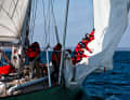 The crew recovering the headsail