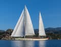 Home waters: ‘Simena’ off the coast of Kokova, near the castle from which she takes her name. The sails, measuring around 1,600 square metres, were made in the Doyle Sails lofts.
