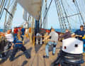 Crew and trainees move on board the brig "Roald Amundsen" at the same end
