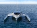 Der Trimaran in der Frontalansicht mit breiten Beams  und recht schmalen Außenrümpfen.