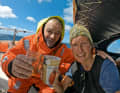 Tapio Lehtinen after his rescue on "Minnehaha". The greeting was in Finnish and involved a good swig of rum