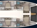 Standard layout with 4 cabins and 4 bathrooms. The double berths are all installed at right angles to the direction of travel