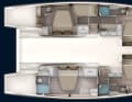 Version with five cabins. A guest cabin with bunk berths is integrated into the side of the port hull
