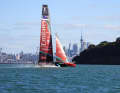 Back on home waters: the AC75 foiler ‘Taihoro’ in the Hauraki Gulf against the backdrop of the Auckland skyline.