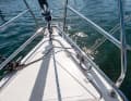 It works: the jib boom is nicely integrated. The forestay is secured with bolts and does not hang on the tackle all the time