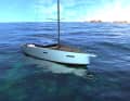 The particularly full bow section is also striking, almost in the style of a scow. The latest designs for the IMOCA or Class 40 offshore classes have similar shapes on the bow