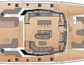 Classic layout: The galley is located in the saloon to port, with an island serving as a work surface.  Opposite is a seating lounge.