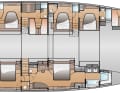 5 cabine, 3 zone equipaggio. La suite armatoriale, comprensiva di ufficio e bagno XL con vasca, si trova nello scafo di dritta, di fronte alla cabina VIP.