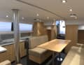 The kitchen unit is recessed to the side. The mast support stands in the centre of the room, but provides a welcome place to hold on to.