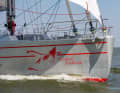 Red and light grey make the expedition yacht easily recognisable